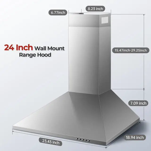 Alt view image 3 of 7 - 24 inch Wall Mount Range Hood, Stainless Steel Range Hood 450 CFM | Ducted/Ductless Convertible Kitchen Hood with Push Button Control, 3 Fan Speed, 2 Pcs Mesh Filters