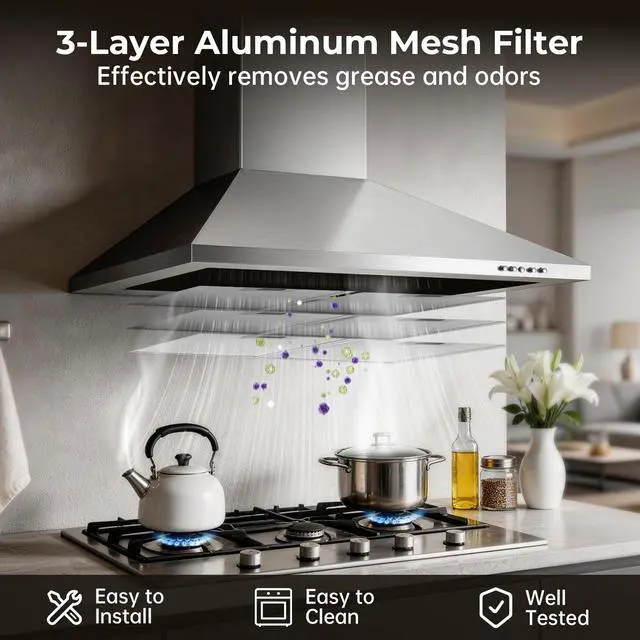 Alt view image 4 of 7 - 24 inch Wall Mount Range Hood, Stainless Steel Range Hood 450 CFM | Ducted/Ductless Convertible Kitchen Hood with Push Button Control, 3 Fan Speed, 2 Pcs Mesh Filters