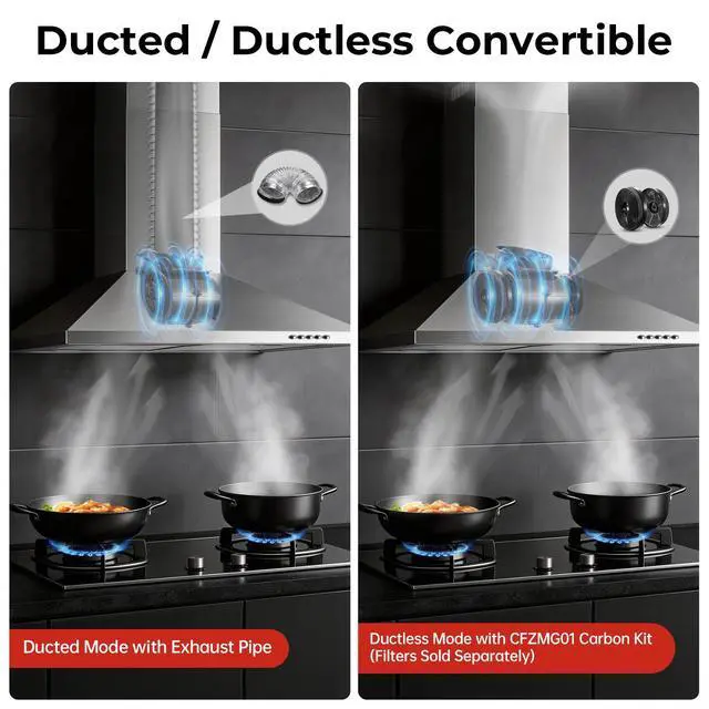 Alt view image 7 of 7 - 24 inch Wall Mount Range Hood, Stainless Steel Range Hood 450 CFM | Ducted/Ductless Convertible Kitchen Hood with Push Button Control, 3 Fan Speed, 2 Pcs Mesh Filters
