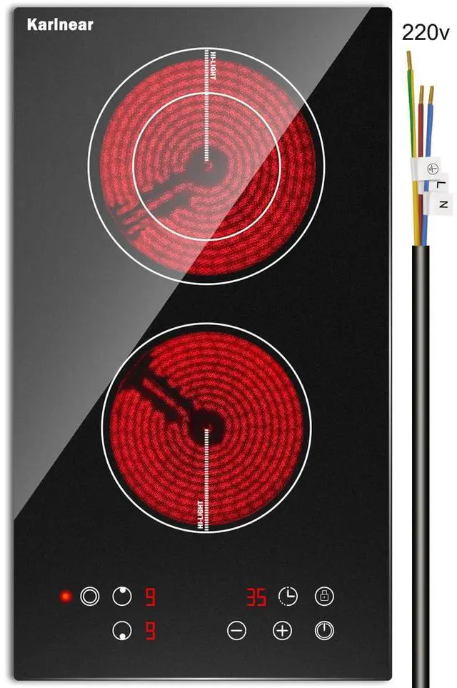 Main image of 2 Burner Electric Cooktop 12 Inch, Drop-in Radiant Cooktop | Child Safety Lock, Timer, Residual Heat Indicator, 3200W Heats up Quickly, Hard Wire 220-240v Electric Stove Top, No Plug
