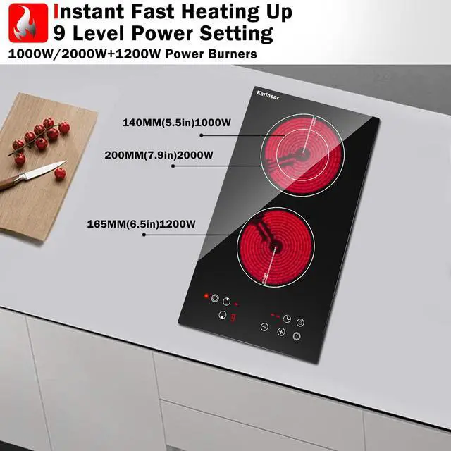 Alt view image 3 of 7 - 2 Burner Electric Cooktop 12 Inch, Drop-in Radiant Cooktop | Child Safety Lock, Timer, Residual Heat Indicator, 3200W Heats up Quickly, Hard Wire 220-240v Electric Stove Top, No Plug