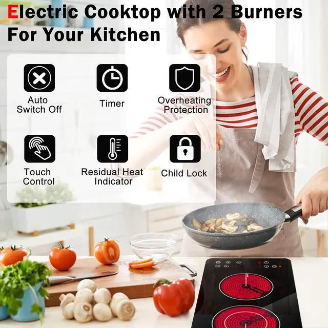 Alt view image 2 of 7 - 2 Burner Electric Cooktop 12 Inch, Drop-in Radiant Cooktop | Child Safety Lock, Timer, Residual Heat Indicator, 3200W Heats up Quickly, Hard Wire 220-240v Electric Stove Top, No Plug