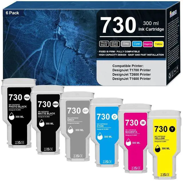 Main image of 730 Ink Cartridges High-Capacity 300ML 6-Pack Replacement for 730 Ink Cartridge Works for DesignJet T1600 T1700 T2600 T1600dr T1700dr T2600d Printer,P2V68A P2V69A P2V70A P2V71A P2V72A P2V73A