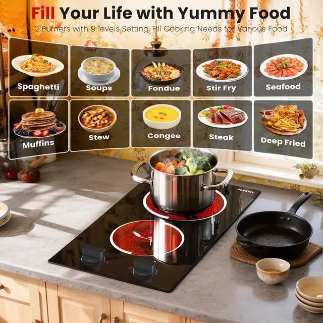 Alt view image 3 of 7 - 2 Burner Electric Cooktop 110V 2000W Countertop or Built-in | 12 Inch Plug in Two Burner Electric Stove, Hot Plate Ceramic Stovetop, Knob Control, 9 Power Levels and Overheat Protection