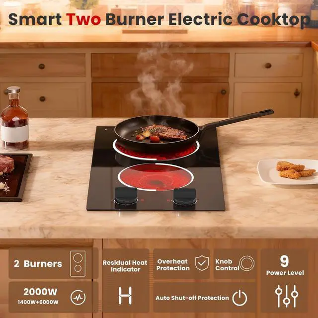 Alt view image 4 of 7 - 2 Burner Electric Cooktop 110V 2000W Countertop or Built-in | 12 Inch Plug in Two Burner Electric Stove, Hot Plate Ceramic Stovetop, Knob Control, 9 Power Levels and Overheat Protection