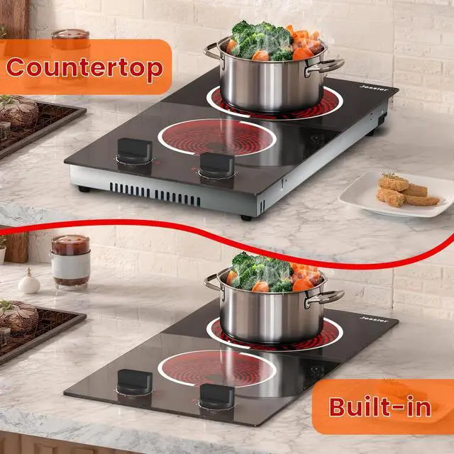 Alt view image 5 of 7 - 2 Burner Electric Cooktop 110V 2000W Countertop or Built-in | 12 Inch Plug in Two Burner Electric Stove, Hot Plate Ceramic Stovetop, Knob Control, 9 Power Levels and Overheat Protection