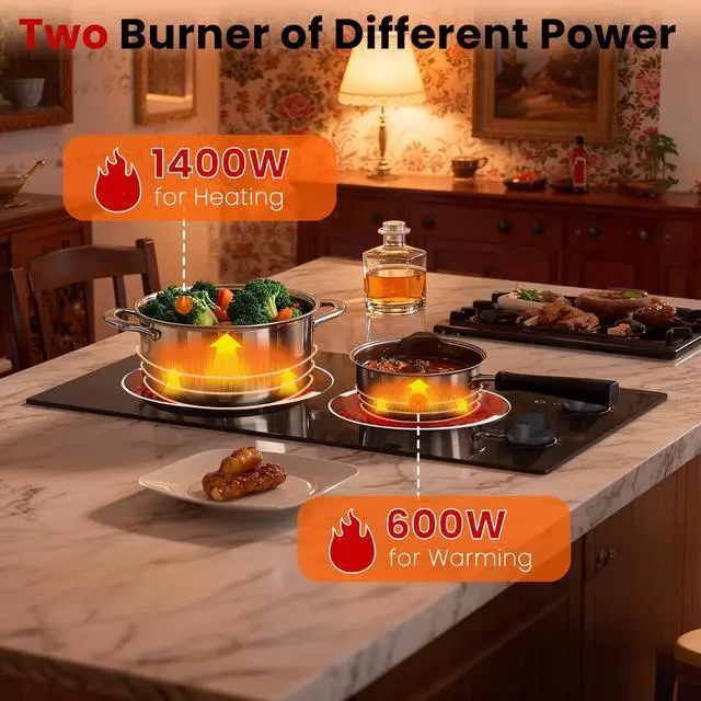 Alt view image 6 of 7 - 2 Burner Electric Cooktop 110V 2000W Countertop or Built-in | 12 Inch Plug in Two Burner Electric Stove, Hot Plate Ceramic Stovetop, Knob Control, 9 Power Levels and Overheat Protection