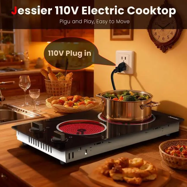 Alt view image 7 of 7 - 2 Burner Electric Cooktop 110V 2000W Countertop or Built-in | 12 Inch Plug in Two Burner Electric Stove, Hot Plate Ceramic Stovetop, Knob Control, 9 Power Levels and Overheat Protection