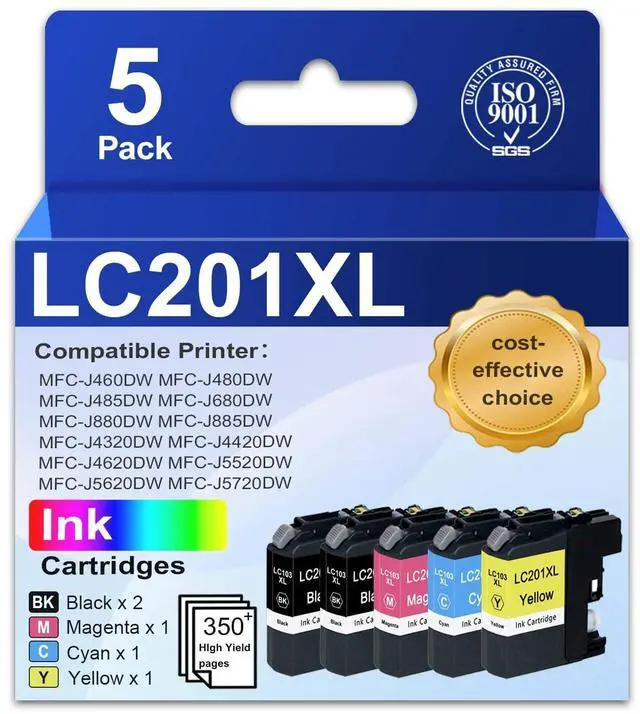 Main image of LC201XL LC203 Ink Cartridges (5 Pack, 2Black 1Cyan 1Magenta 1Yellow) Compatible Ink Cartridges Replacement for Brother LC201XL LC203 with FC-J460DW MFC-J480DW MFC-J485DW MFC-J880DW Printer