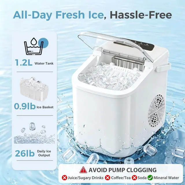 Alt view image 3 of 7 - Countertop Ice Maker, Portable Ice Machine with Carry Handle Basket and Scoop, 9 Bullet Cubes Ready in 6 Mins, 26lbs Daily, Self-Cleaning for Home, Kitchen, Camping, RV