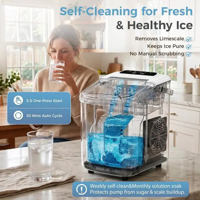 Alt view image 7 of 7 - Countertop Ice Maker, Portable Ice Machine with Carry Handle Basket and Scoop, 9 Bullet Cubes Ready in 6 Mins, 26lbs Daily, Self-Cleaning for Home, Kitchen, Camping, RV