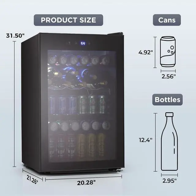 Alt view image 3 of 5 - Beverage Refrigerator 145 Can Wine Cooler Freestanding Mini Fridge Small with Digital Temperature Control, Glass Door, and Child Lock, Quiet Drink Refrigerator for Home, Bar 4.5 Cu. Ft