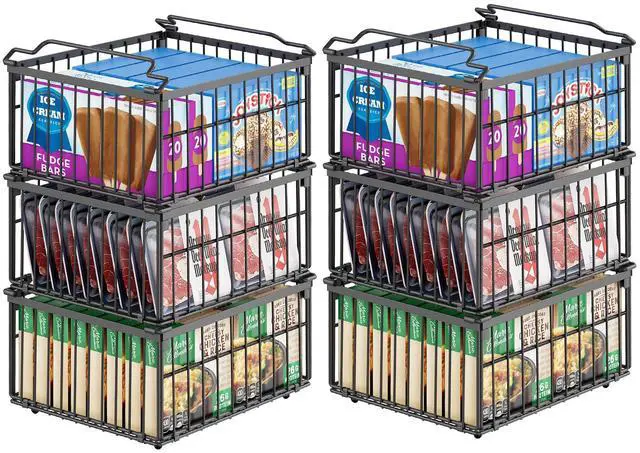 Main image of Freezer Organizer Bins, 6 Pack Big Stackable Deep Chest Freezer Organizer Bins, Foldable Baskets with Handles, Black Storage Container Baskets for 5 to 9 Cu.FT Deep Freezer Sort Frozen Meats