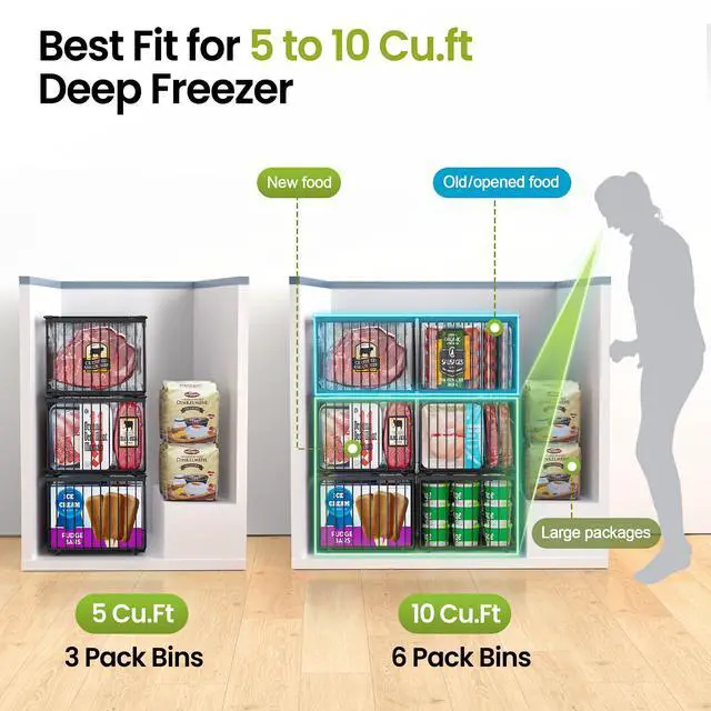 Alt view image 3 of 7 - Freezer Organizer Bins, 6 Pack Big Stackable Deep Chest Freezer Organizer Bins, Foldable Baskets with Handles, Black Storage Container Baskets for 5 to 9 Cu.FT Deep Freezer Sort Frozen Meats