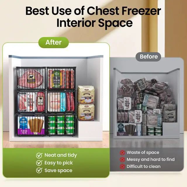 Alt view image 5 of 7 - Freezer Organizer Bins, 6 Pack Big Stackable Deep Chest Freezer Organizer Bins, Foldable Baskets with Handles, Black Storage Container Baskets for 5 to 9 Cu.FT Deep Freezer Sort Frozen Meats