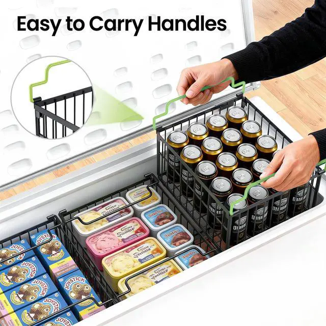 Alt view image 6 of 7 - Freezer Organizer Bins, 6 Pack Big Stackable Deep Chest Freezer Organizer Bins, Foldable Baskets with Handles, Black Storage Container Baskets for 5 to 9 Cu.FT Deep Freezer Sort Frozen Meats