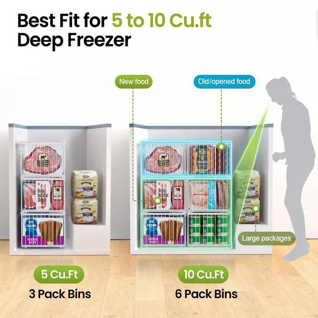 Alt view image 3 of 7 - Freezer Organizer Bins, 6 Pack Big Stackable Deep Chest Freezer Organizer Bins, Foldable Baskets with Handles, White Storage Container Baskets for 5 to 9 Cu.FT Deep Freezer Sort Frozen Meats