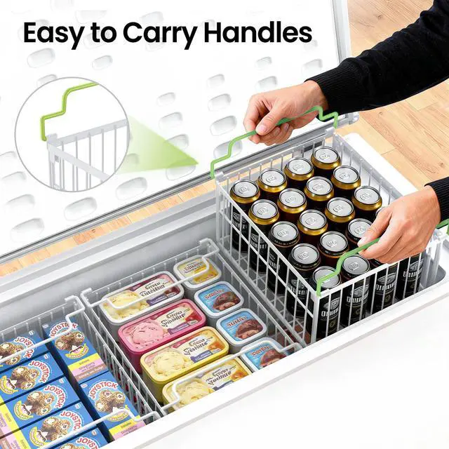 Alt view image 6 of 7 - Freezer Organizer Bins, 6 Pack Big Stackable Deep Chest Freezer Organizer Bins, Foldable Baskets with Handles, White Storage Container Baskets for 5 to 9 Cu.FT Deep Freezer Sort Frozen Meats