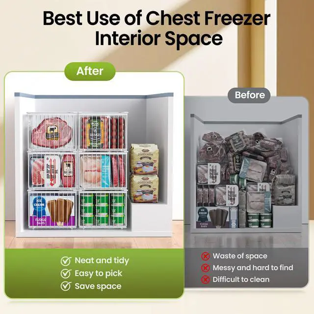 Alt view image 5 of 7 - Freezer Organizer Bins, 6 Pack Big Stackable Deep Chest Freezer Organizer Bins, Foldable Baskets with Handles, White Storage Container Baskets for 5 to 9 Cu.FT Deep Freezer Sort Frozen Meats