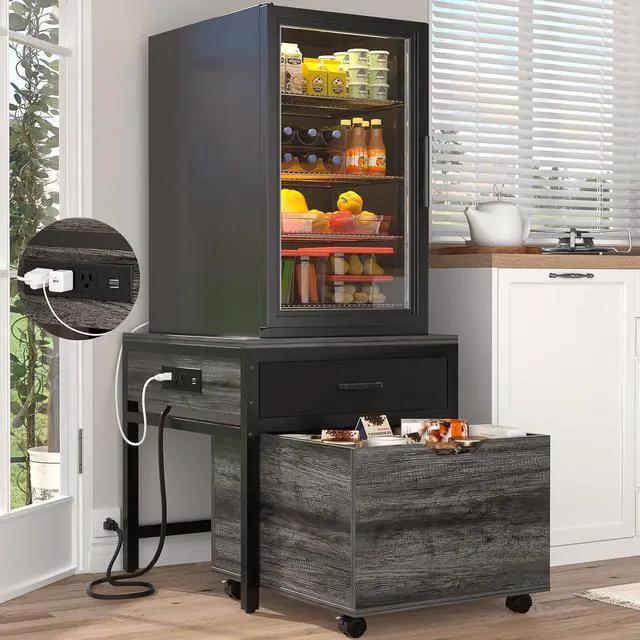 Main image of Mini Fridge Stand with Storage & Charging Station, Gray Oak | Heavy duty small refrigerator table cart with drawer basket, holds 300 lbs, ideal for dorm, apartment, office, bedroom