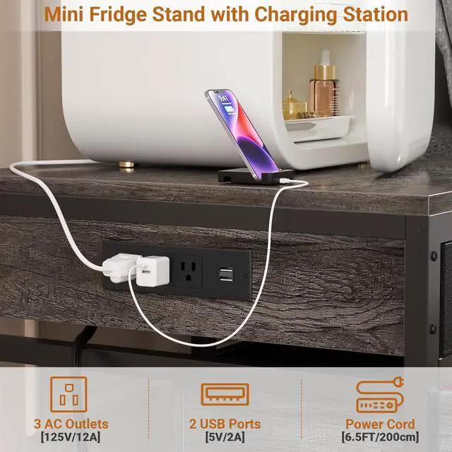 Alt view image 3 of 7 - Mini Fridge Stand with Storage & Charging Station, Gray Oak | Heavy duty small refrigerator table cart with drawer basket, holds 300 lbs, ideal for dorm, apartment, office, bedroom