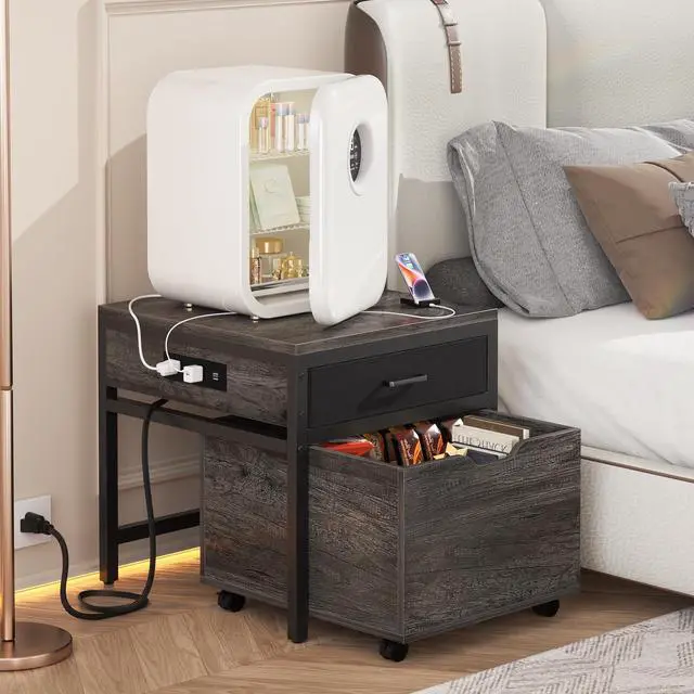 Alt view image 2 of 7 - Mini Fridge Stand with Storage & Charging Station, Gray Oak | Heavy duty small refrigerator table cart with drawer basket, holds 300 lbs, ideal for dorm, apartment, office, bedroom