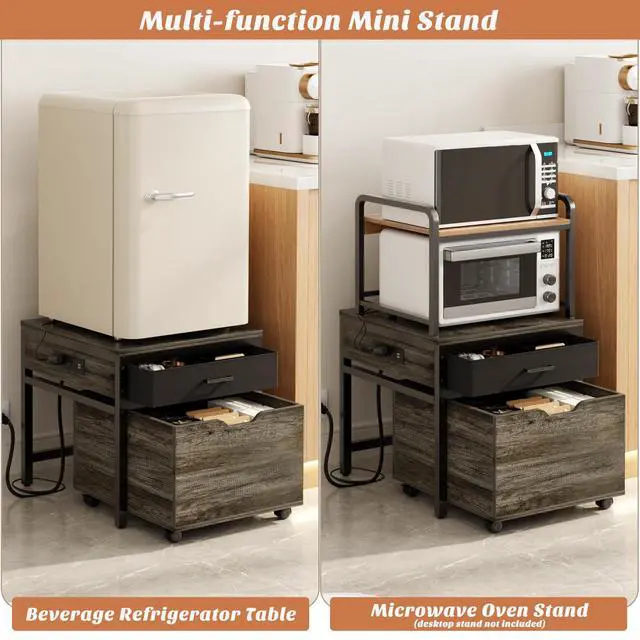 Alt view image 4 of 7 - Mini Fridge Stand with Storage & Charging Station, Gray Oak | Heavy duty small refrigerator table cart with drawer basket, holds 300 lbs, ideal for dorm, apartment, office, bedroom