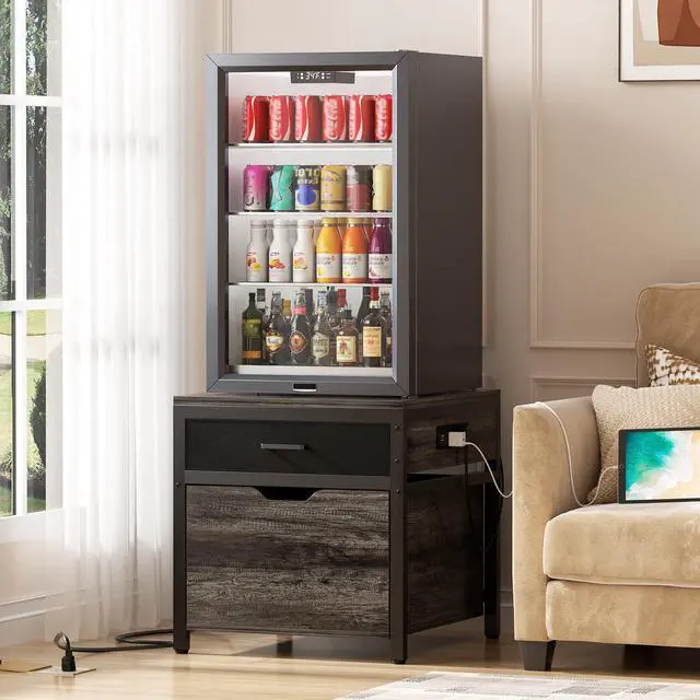 Alt view image 6 of 7 - Mini Fridge Stand with Storage & Charging Station, Gray Oak | Heavy duty small refrigerator table cart with drawer basket, holds 300 lbs, ideal for dorm, apartment, office, bedroom