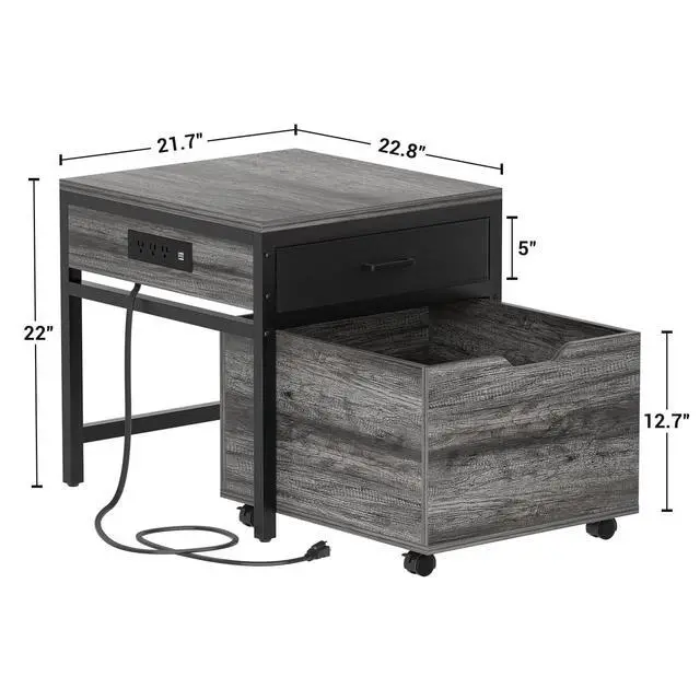 Alt view image 7 of 7 - Mini Fridge Stand with Storage & Charging Station, Gray Oak | Heavy duty small refrigerator table cart with drawer basket, holds 300 lbs, ideal for dorm, apartment, office, bedroom