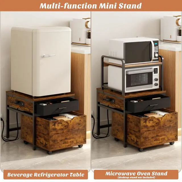 Alt view image 4 of 6 - Mini Fridge Stand with Drawer Storage & Sockets, Rustic Brown | Heavy duty small refrigerator and microwave cart, holds 300 lbs, space saving table for dorm, apartment, office, bedroom