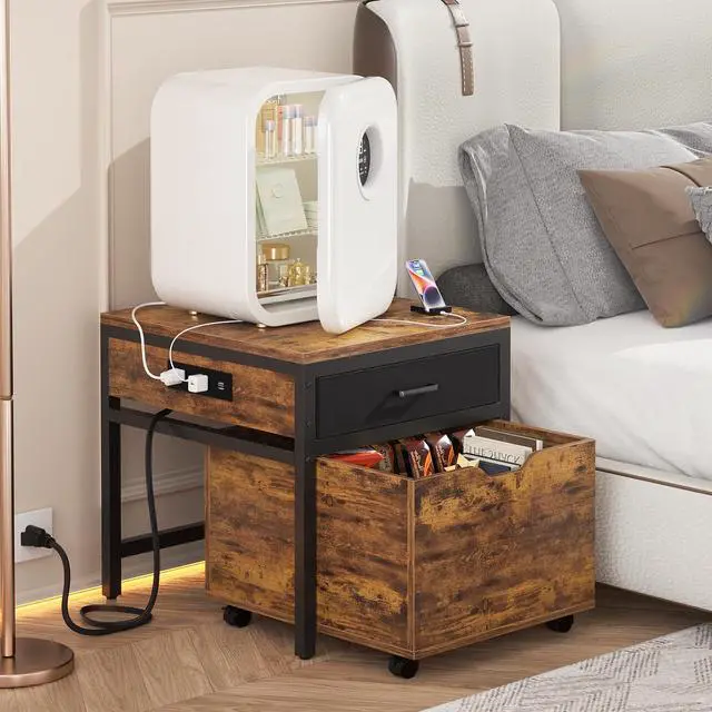 Alt view image 2 of 6 - Mini Fridge Stand with Drawer Storage & Sockets, Rustic Brown | Heavy duty small refrigerator and microwave cart, holds 300 lbs, space saving table for dorm, apartment, office, bedroom