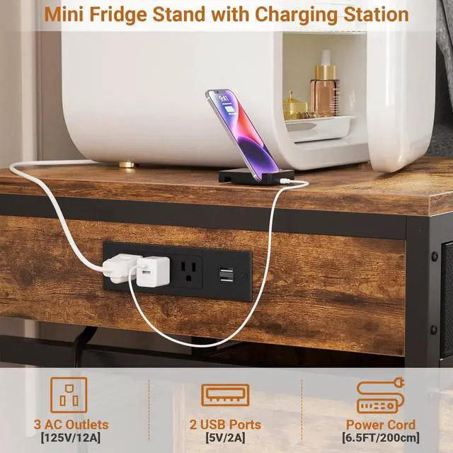 Alt view image 3 of 6 - Mini Fridge Stand with Drawer Storage & Sockets, Rustic Brown | Heavy duty small refrigerator and microwave cart, holds 300 lbs, space saving table for dorm, apartment, office, bedroom