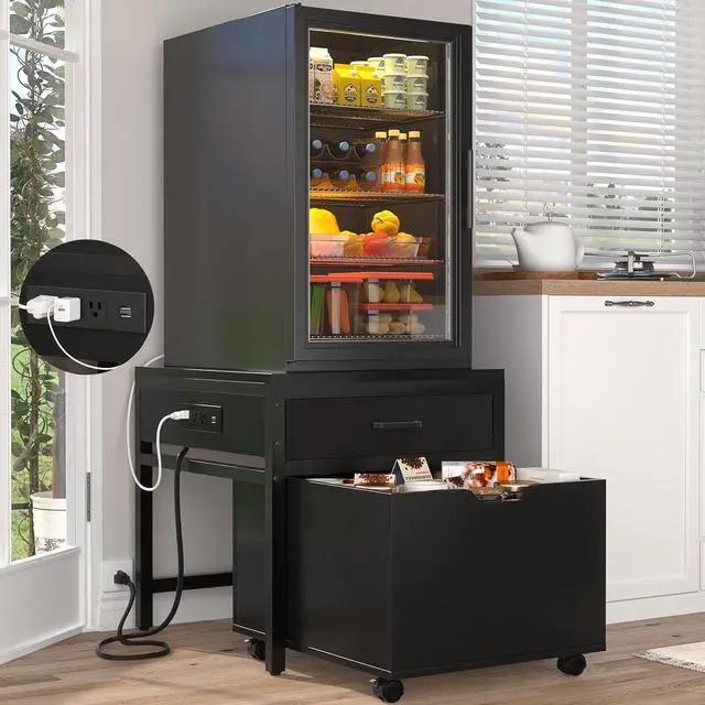 Main image of Mini Fridge Stand with Drawer Storage & Power Outlet, Black | Heavy duty mobile beverage refrigerator shelf with lockable wheels, 22.8" x 21.6" table, max load 300 lbs for office
