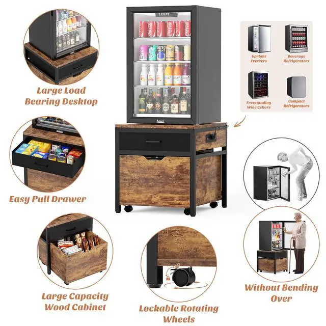 Alt view image 5 of 6 - Mini Fridge Stand with Drawer Storage & Sockets, Rustic Brown | Heavy duty small refrigerator and microwave cart, holds 300 lbs, space saving table for dorm, apartment, office, bedroom