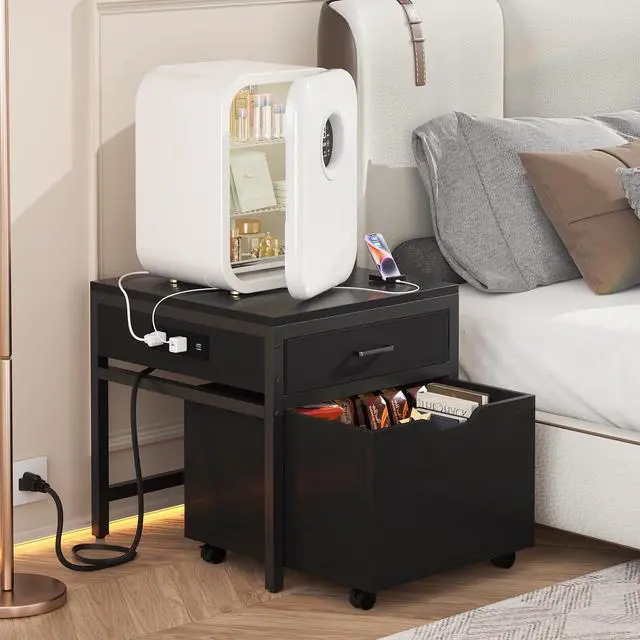 Alt view image 2 of 7 - Mini Fridge Stand with Drawer Storage & Power Outlet, Black | Heavy duty mobile beverage refrigerator shelf with lockable wheels, 22.8" x 21.6" table, max load 300 lbs for office