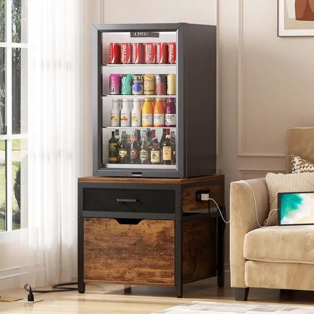 Alt view image 6 of 6 - Mini Fridge Stand with Drawer Storage & Sockets, Rustic Brown | Heavy duty small refrigerator and microwave cart, holds 300 lbs, space saving table for dorm, apartment, office, bedroom