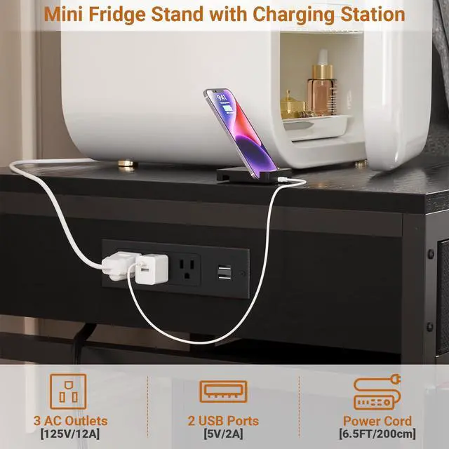 Alt view image 3 of 7 - Mini Fridge Stand with Drawer Storage & Power Outlet, Black | Heavy duty mobile beverage refrigerator shelf with lockable wheels, 22.8" x 21.6" table, max load 300 lbs for office