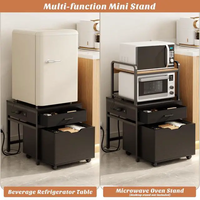 Alt view image 4 of 7 - Mini Fridge Stand with Drawer Storage & Power Outlet, Black | Heavy duty mobile beverage refrigerator shelf with lockable wheels, 22.8" x 21.6" table, max load 300 lbs for office
