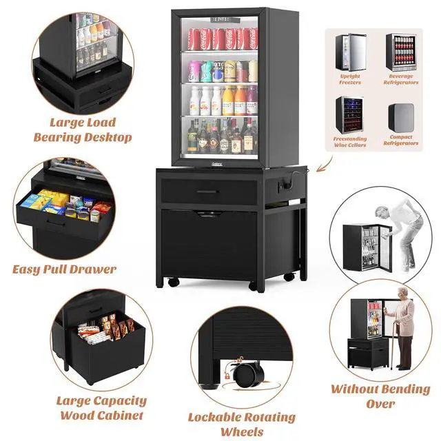 Alt view image 5 of 7 - Mini Fridge Stand with Drawer Storage & Power Outlet, Black | Heavy duty mobile beverage refrigerator shelf with lockable wheels, 22.8" x 21.6" table, max load 300 lbs for office