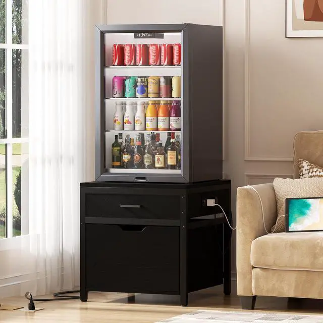 Alt view image 6 of 7 - Mini Fridge Stand with Drawer Storage & Power Outlet, Black | Heavy duty mobile beverage refrigerator shelf with lockable wheels, 22.8" x 21.6" table, max load 300 lbs for office