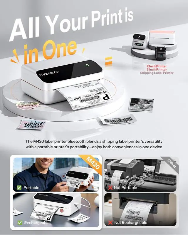 Alt view image 6 of 7 - M420 Thermal Label Printer, 4x6 Portable Shipping Label Printer | 4 Inch Bluetooth Thermal Printer Easy to Use for Small Business, Shipping,Home, Organization, APP with 6000+ Templates, White