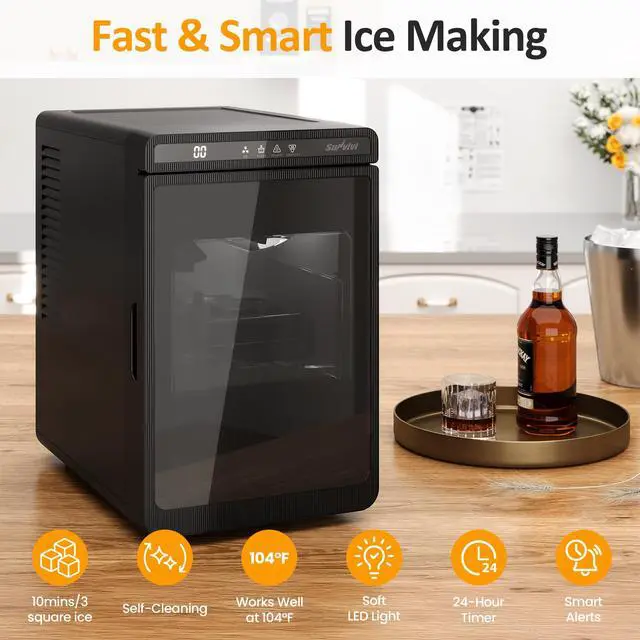 Alt view image 2 of 7 - Crystal Clear Ice Maker, Compact Countertop Ice Machine, 3 x 1.6 Ice Cubes in10-Mins, Self-Cleaning, LED Light & Timer, Portable Electric Ice Maker for Kitchen, Bar, RV, Black