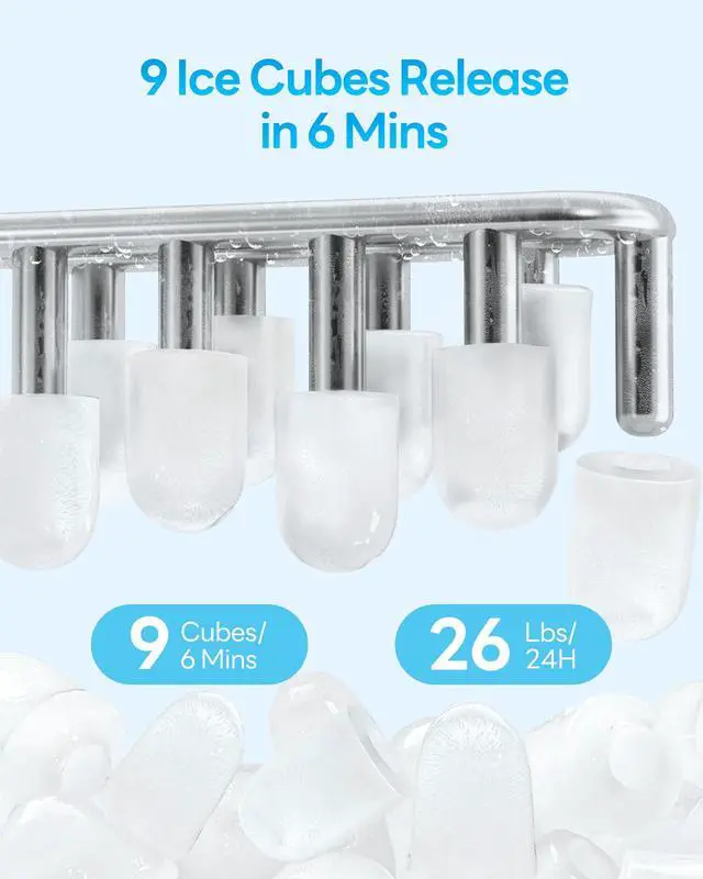 Alt view image 2 of 7 - Ice Makers Countertop, 26.5Lbs/24H Ice Machine with 2 Sizes Bullet Ice, 9 Ice Cubes Release in 6 Mins, Self-Cleaning Portable Ice Maker with Ice Scoop and Basket for Home Kitchen Office Bar RV