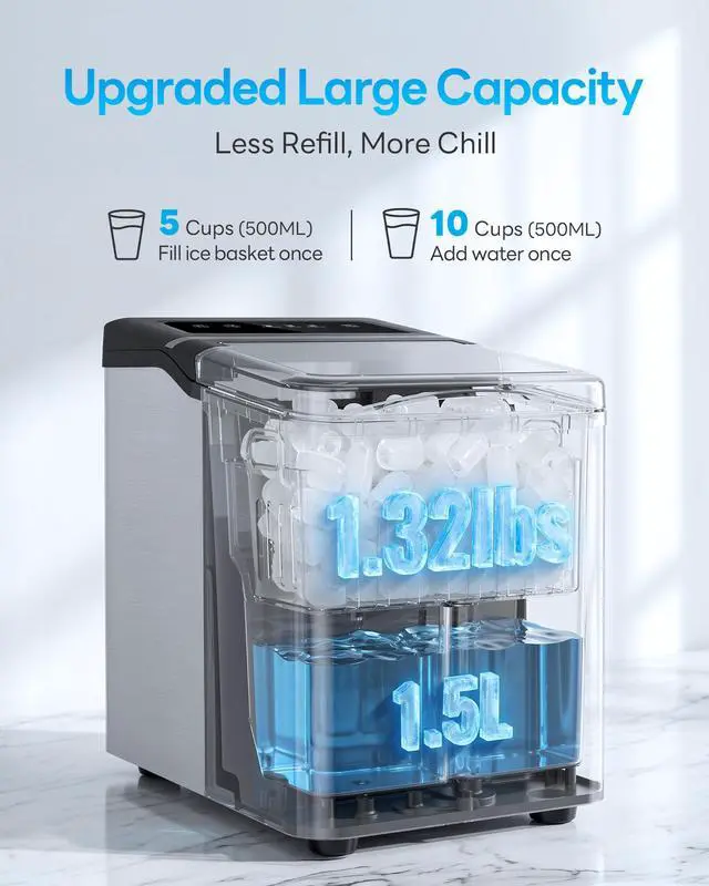 Alt view image 5 of 7 - Ice Makers Countertop, 26.5Lbs/24H Ice Machine with 2 Sizes Bullet Ice, 9 Ice Cubes Release in 6 Mins, Self-Cleaning Portable Ice Maker with Ice Scoop and Basket for Home Kitchen Office Bar RV
