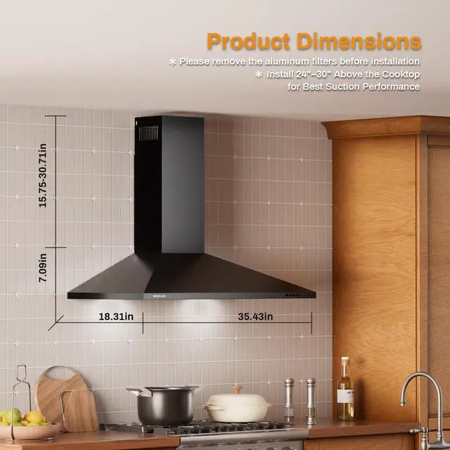 Alt view image 2 of 7 - 36 Inch Wall Mount Range Hood Ducted/Ductless Convertible Kitchen Exhaust Hood with 450 CFM Motor, 3 Speed Fan, LED Lighting and Dishwasher Safe Filters, Matte Black Painted Finish