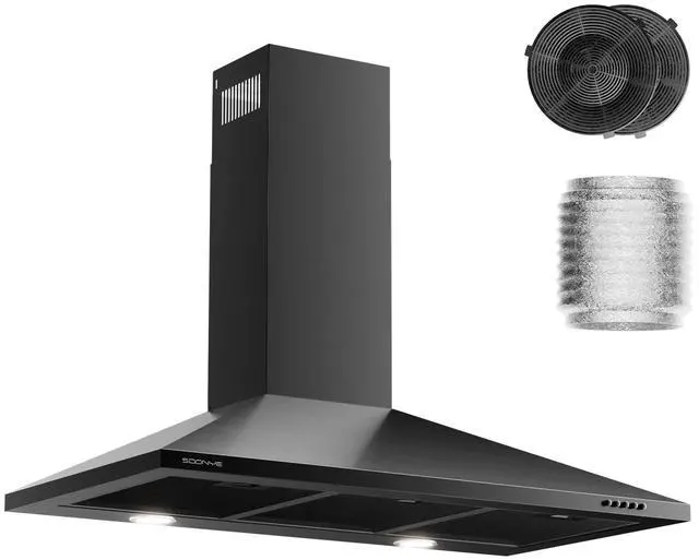 Main image of 36 Inch Wall Mount Range Hood Ducted/Ductless Convertible Kitchen Exhaust Hood with 450 CFM Motor, 3 Speed Fan, LED Lighting and Dishwasher Safe Filters, Matte Black Painted Finish