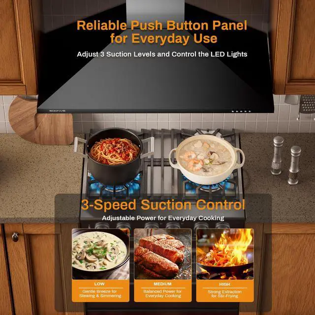 Alt view image 5 of 7 - 36 Inch Wall Mount Range Hood Ducted/Ductless Convertible Kitchen Exhaust Hood with 450 CFM Motor, 3 Speed Fan, LED Lighting and Dishwasher Safe Filters, Matte Black Painted Finish