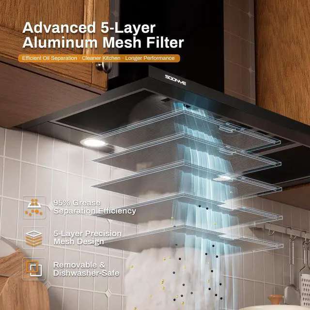 Alt view image 6 of 7 - 36 Inch Wall Mount Range Hood Ducted/Ductless Convertible Kitchen Exhaust Hood with 450 CFM Motor, 3 Speed Fan, LED Lighting and Dishwasher Safe Filters, Matte Black Painted Finish
