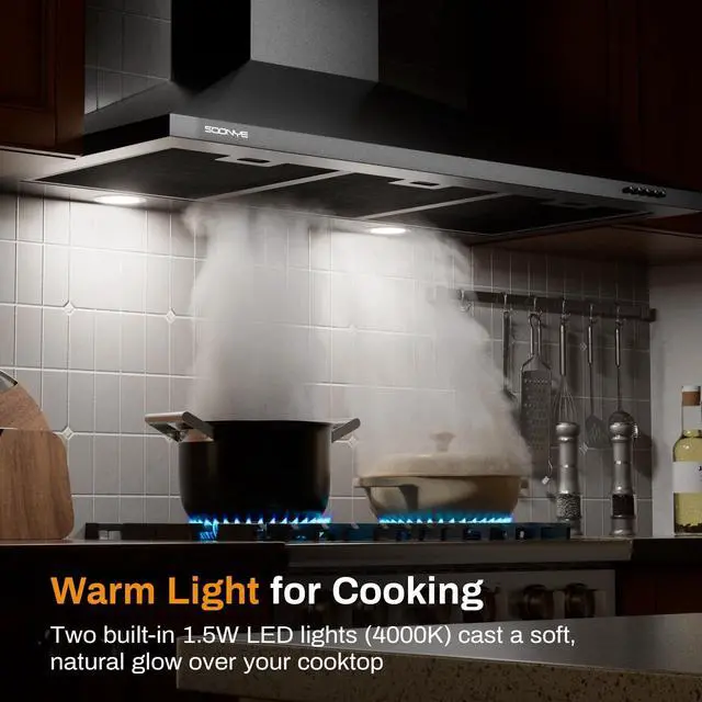 Alt view image 7 of 7 - 36 Inch Wall Mount Range Hood Ducted/Ductless Convertible Kitchen Exhaust Hood with 450 CFM Motor, 3 Speed Fan, LED Lighting and Dishwasher Safe Filters, Matte Black Painted Finish