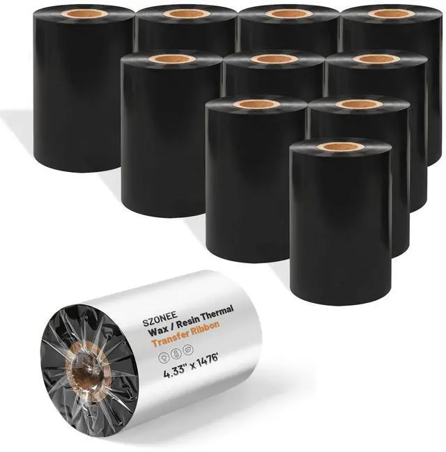 Main image of 10 Rolls Resin Enhanced Wax Ribbon 4.33" x 1476' 1" Core Thermal Transfer | CSO Ink Outside, Barcode Label Printing, Compatible with Zebra, Sato, Datamax, TSC, GoDex, Citizen